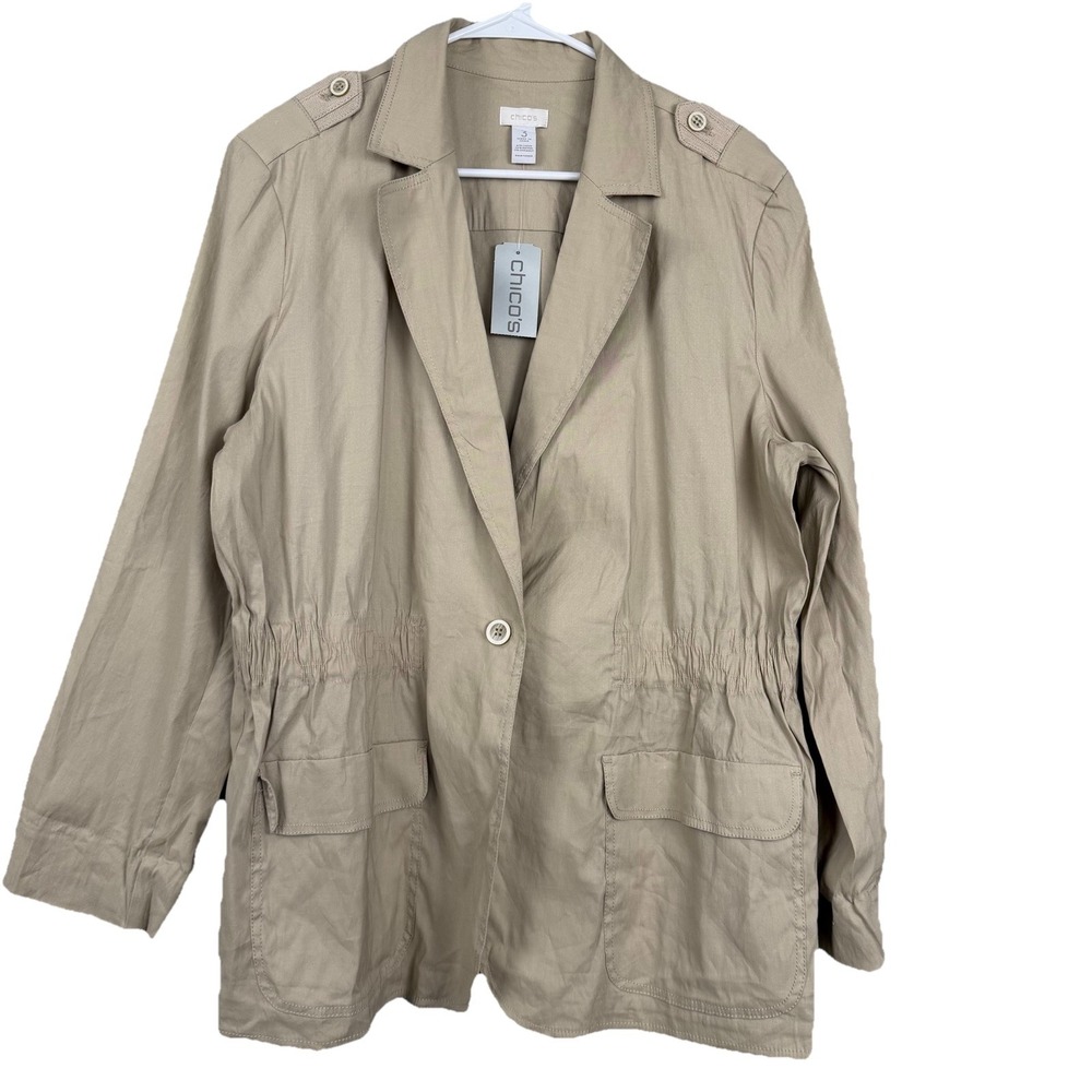 chicos jacket 61%linen 36%Rayon blend SAND DUNE coastal cottage core SZ-3 NWT